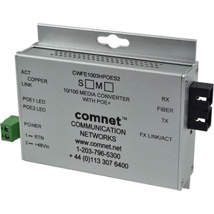 ComNet Commercial Grade 100Mbps Media Converter with 48V POE, Mini - Network (RJ-45) - 1x PoE+ (RJ-45) Ports - 2 x ST Ports - Single-mode - Fast Ethernet - 10/100Base-TX, 100Base-FX - AC Adapter - Desktop, Rail-mountable