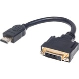 Manhattan HDMI to DVI-D Cable - 7.87" DVI-D/HDMI Video Cable for Video Device, TV, Plasma, Satellite Receiver, LCD Monitor, DVD Player, Projector - First End: 1 x 19-pin HDMI Digital Audio/Video - Male - Second End: 1 x 25-pin DVI-D (Dual-Link) Digital Video - Female - Supports up to 1920 x 1080 - Shielding - Gold Plated Connector - 28 AWG - Black - 1