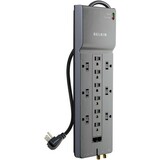 Belkin 12-Outlet Surge Protector - 8ft Cord - Right Angle Plug - 4120J - Telephone, Coaxial Protection - Grey - Receptacles: 12 x NEMA 5-15R - 3960J