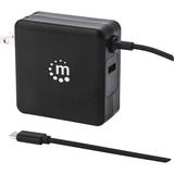 Manhattan Wall/Power Charger (Euro 2-pin), USB-C and USB-A ports, USB-C Output: 60W / 3A, USB-A Output: 2.4A, USB-C 1m Cable Built In, Black, Three Year Warranty, Box