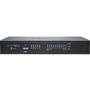 SonicWall TZ670 Network Security/Firewall Appliance - 8 Port - 10/100/1000Base-T, 10GBase-X - 10 Gigabit Ethernet - DES, 3DES, MD5, SHA-1, AES (128-bit), AES (192-bit), AES (256-bit) - 8 x RJ-45 - 2 Total Expansion Slots - Desktop, Rack-mountable - TAA Compliant