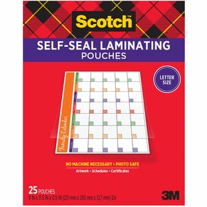Scotch Self-Seal Laminating Pouches - Sheet Size Supported: Letter - Laminating Pouch/Sheet Size: 9" Width x 11.50" Length x 9.50 mil Thickness - Thick Gloss - for Document, Schedule, Presentation, Phone List, Certificate, Sign, Award, Calendar, Artwork - Acid-free, Self-sealing, Photo-safe, Double Sided - Clear - 25 / Pack
