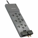 Belkin 12-Outlet Surge Protector - 8ft Cord - Right Angle Plug - 4120J - Telephone, Coaxial Protection - Grey