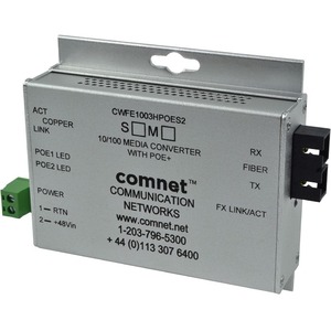ComNet Commercial Grade 100Mbps Media Converter with 48V POE, Mini - Network (RJ-45) - 1x PoE+ (RJ-45) Ports - 2 x ST Ports - Single-mode - Fast Ethernet - 10/100Base-TX, 100Base-FX - AC Adapter - Desktop, Rail-mountable