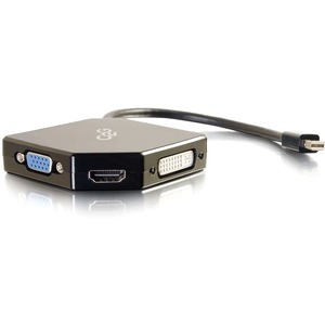 C2G Mini DisplayPort to HDMI, VGA, or DVI Adapter Converter - DVI/HDMI/Mini DisplayPort/VGA A/V Cable for Projector, Monitor, Audio/Video Device, Notebook, Tablet PC, HDTV - First End: 1 x Mini DisplayPort Digital Audio/Video - Male - Second End: 1 x HDMI Digital Audio/Video - Female, 1 x DVI-I Digital Video - Female, 1 x 15-pin HD-15 - Female - Supports up to 3840 x 2160 - Shielding - Nickel Plated Connector - Gold Plated Contact - 32 AWG - Black
